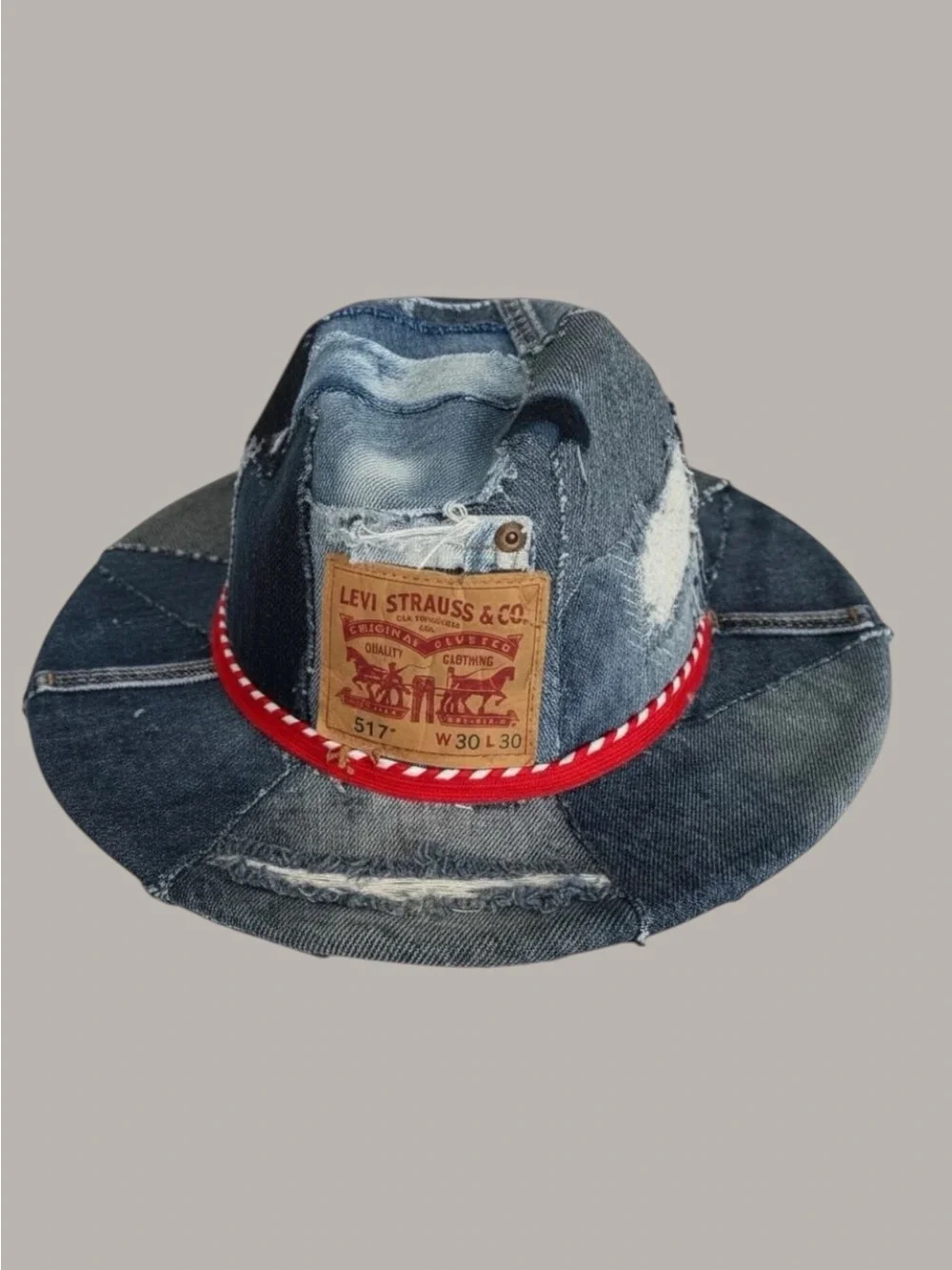 Kids Distressed Denim Fedora Hat with Red Trim